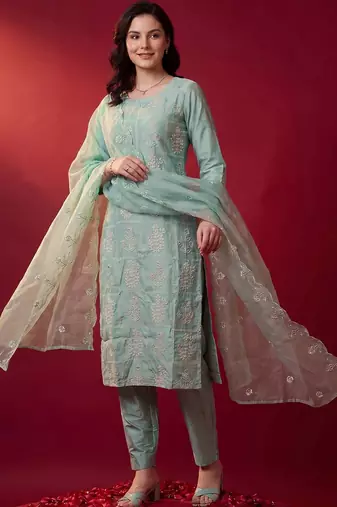 Women Ethnic Motifs Embroidered Regular Thread Work Kurta with Trousers & With Dupatta