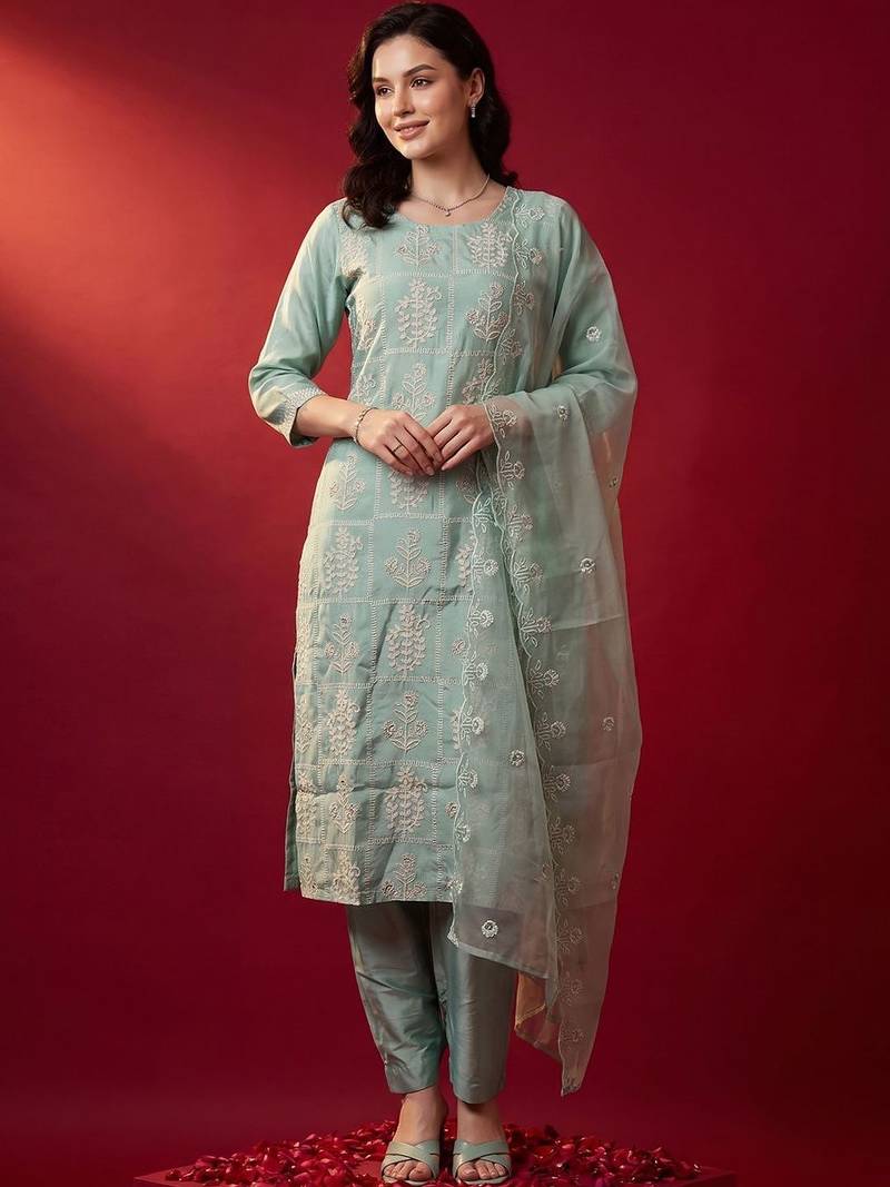 Women Ethnic Motifs Embroidered Regular Thread Work Kurta with Trousers & With Dupatta