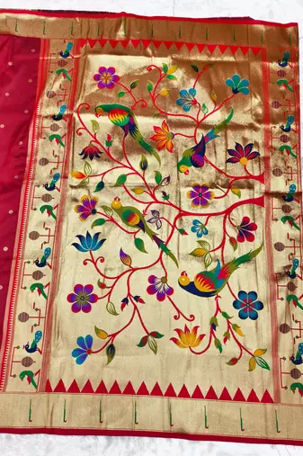 maroon zari woven paithani silk blend traditional saree with swarovski blouse piece