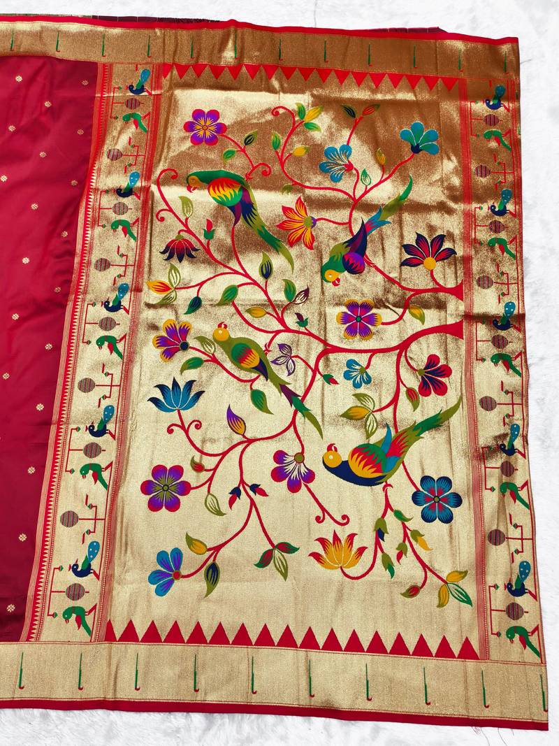 maroon zari woven paithani silk blend traditional saree with swarovski blouse piece