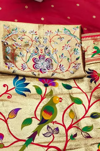 maroon zari woven paithani silk blend traditional saree with swarovski blouse piece