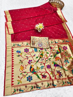maroon zari woven paithani silk blend traditional saree with swarovski blouse piece 5