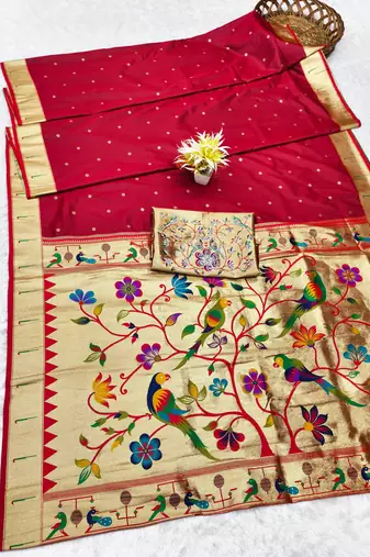 maroon zari woven paithani silk blend traditional saree with swarovski blouse piece