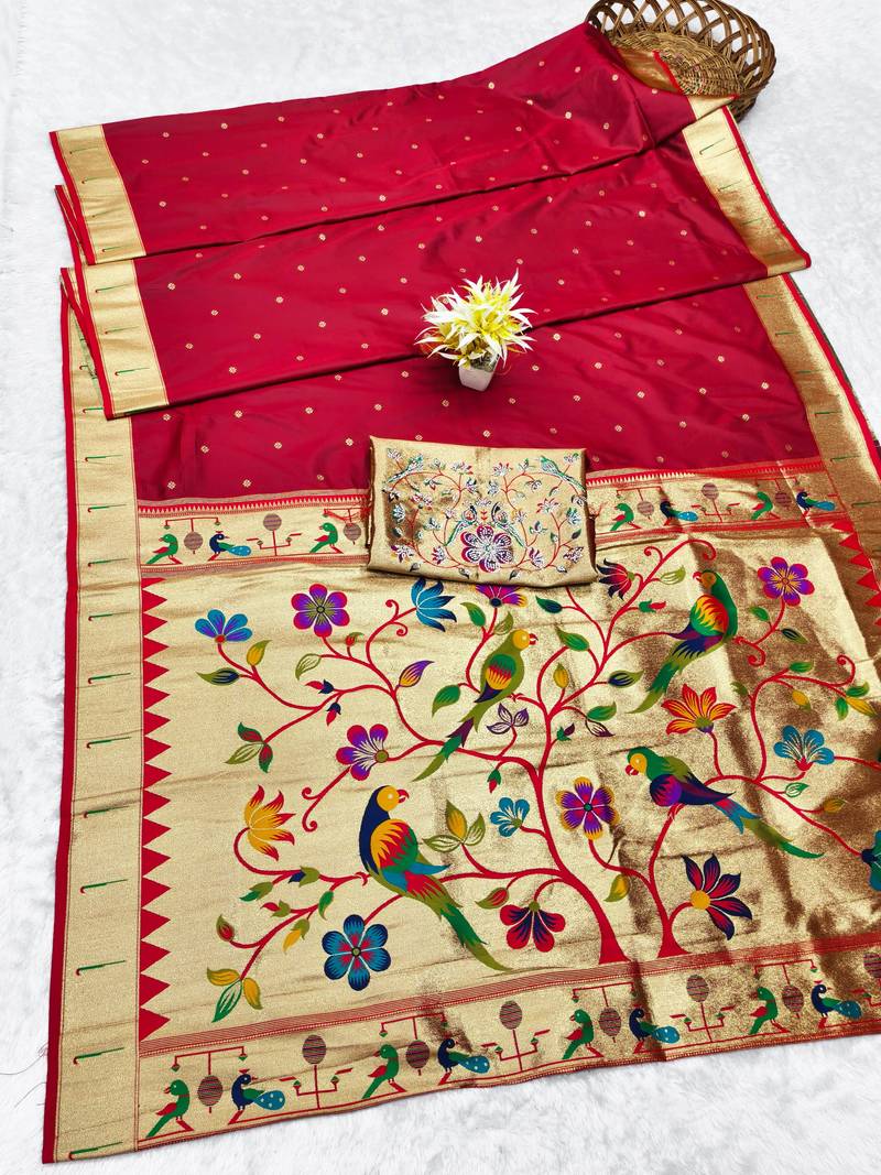 maroon zari woven paithani silk blend traditional saree with swarovski blouse piece
