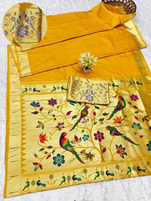 yellow zari woven paithani silk blend traditional saree with swarovski blouse piece 1