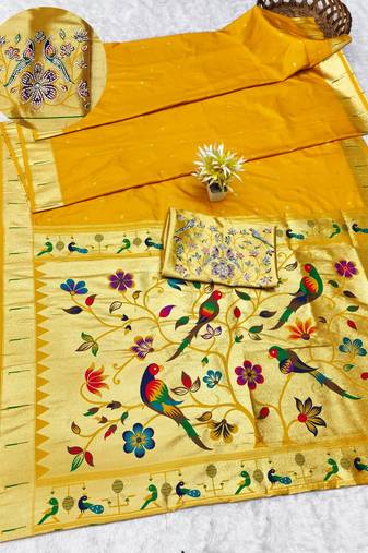 yellow zari woven paithani silk blend traditional saree with swarovski blouse piece