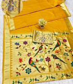 yellow zari woven paithani silk blend traditional saree with swarovski blouse piece