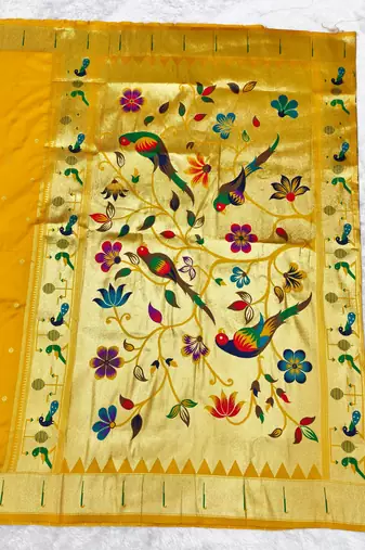 yellow zari woven paithani silk blend traditional saree with swarovski blouse piece