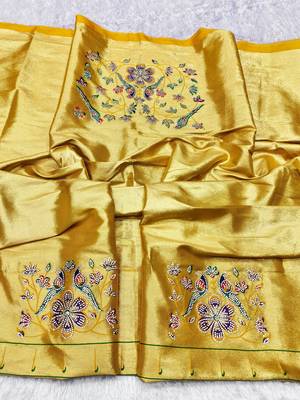 yellow zari woven paithani silk blend traditional saree with swarovski blouse piece 3