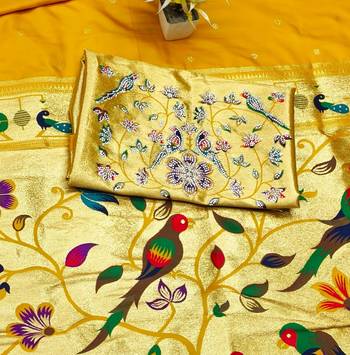 yellow zari woven paithani silk blend traditional saree with swarovski blouse piece 4