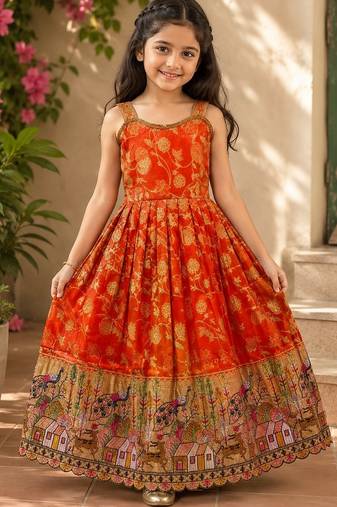 Pure viscose  silk blend  with embroidery border kids gown