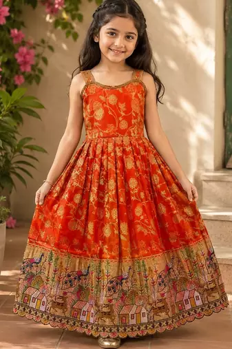 Pure viscose  silk blend  with embroidery border kids gown
