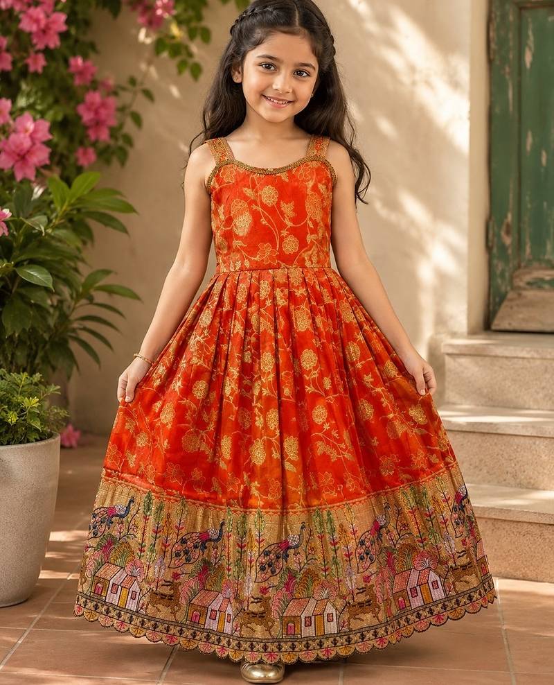 Pure viscose  silk blend  with embroidery border kids gown