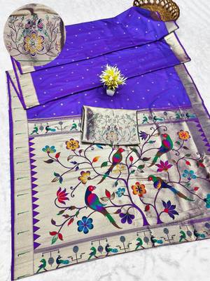 purple zari woven paithani silk blend traditional saree with swarovski blouse piece 1