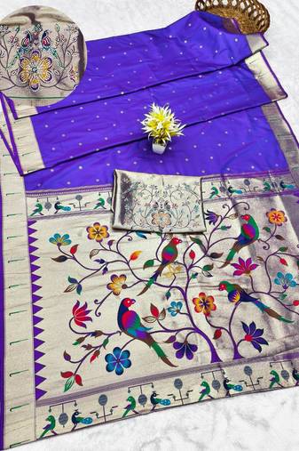 purple zari woven paithani silk blend traditional saree with swarovski blouse piece