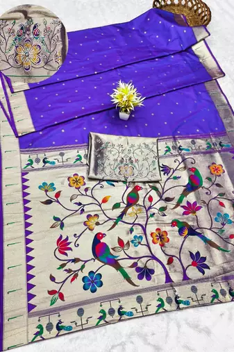 purple zari woven paithani silk blend traditional saree with swarovski blouse piece