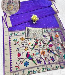 purple zari woven paithani silk blend traditional saree with swarovski blouse piece