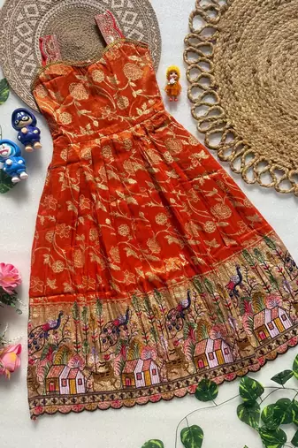 Pure viscose  silk blend  with embroidery border kids gown