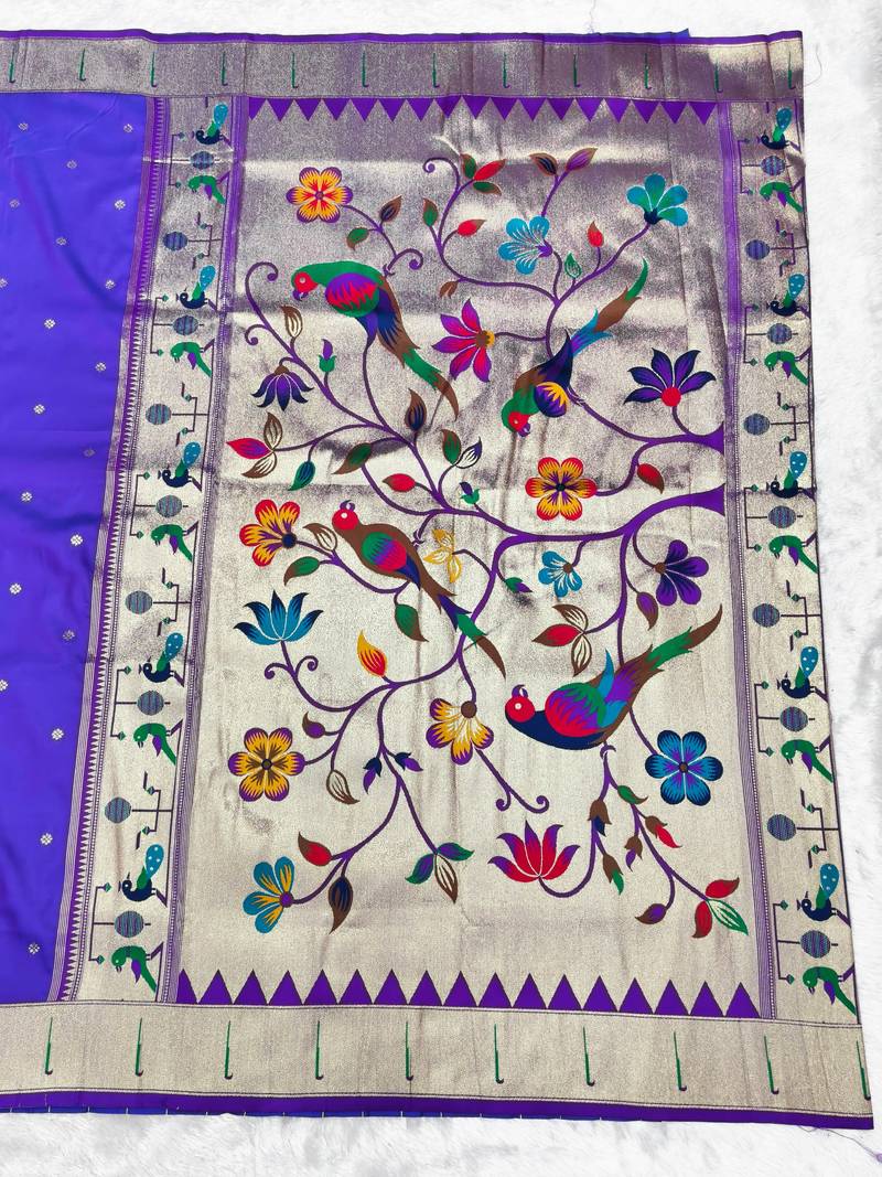 purple zari woven paithani silk blend traditional saree with swarovski blouse piece