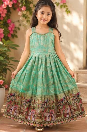 Pure viscose  silk blend  with embroidery border kids gown