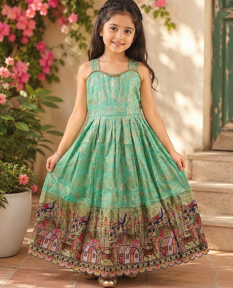 Pure viscose  silk blend  with embroidery border kids gown