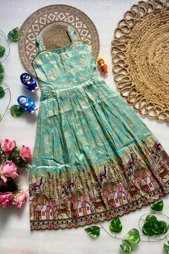 Pure viscose  silk blend  with embroidery border kids gown