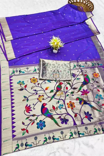 purple zari woven paithani silk blend traditional saree with swarovski blouse piece