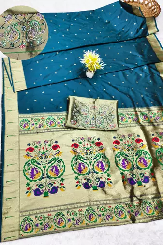 blue zari woven paithani silk blend traditional saree with swarovski blouse piece