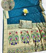 blue zari woven paithani silk blend traditional saree with swarovski blouse piece