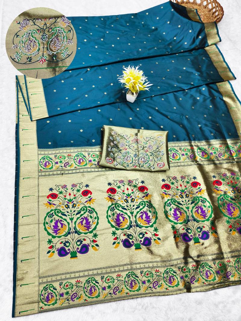 blue zari woven paithani silk blend traditional saree with swarovski blouse piece