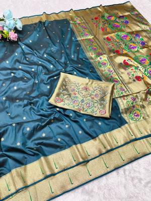 blue zari woven paithani silk blend traditional saree with swarovski blouse piece 4