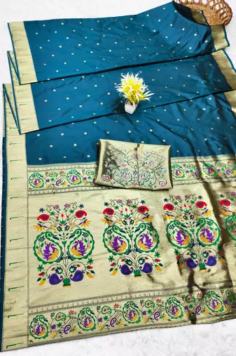 blue zari woven paithani silk blend traditional saree with swarovski blouse piece