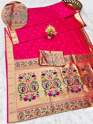 pink zari woven paithani silk blend traditional saree with swarovski blouse piece 1