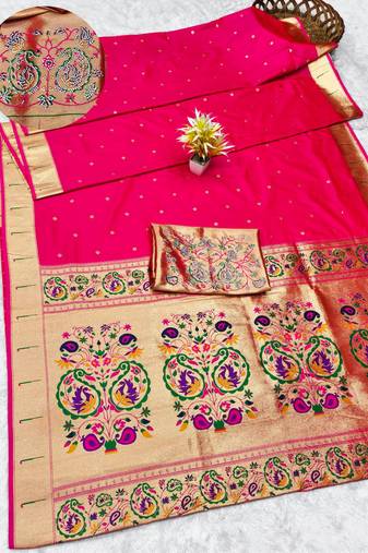 pink zari woven paithani silk blend traditional saree with swarovski blouse piece