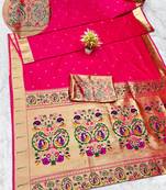 pink zari woven paithani silk blend traditional saree with swarovski blouse piece
