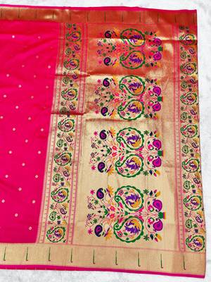 pink zari woven paithani silk blend traditional saree with swarovski blouse piece 2