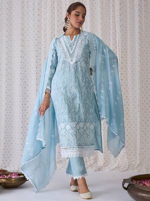Floral Embroidered Pure Cotton Straight Kurta With Trousers & Dupatta 1