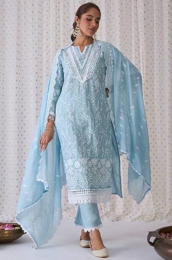 Floral Embroidered Pure Cotton Straight Kurta With Trousers & Dupatta