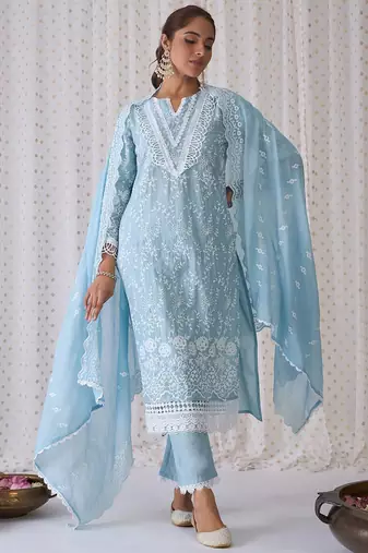 Floral Embroidered Pure Cotton Straight Kurta With Trousers & Dupatta
