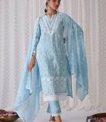 Floral Embroidered Pure Cotton Straight Kurta With Trousers & Dupatta