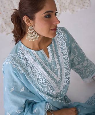 Floral Embroidered Pure Cotton Straight Kurta With Trousers & Dupatta 2