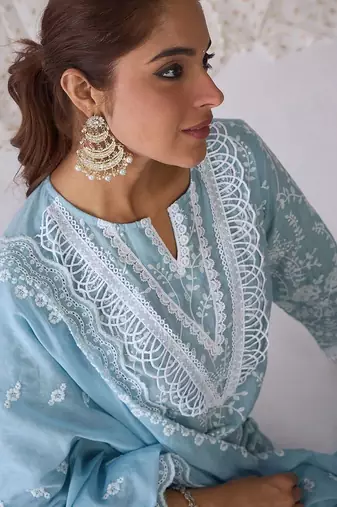 Floral Embroidered Pure Cotton Straight Kurta With Trousers & Dupatta