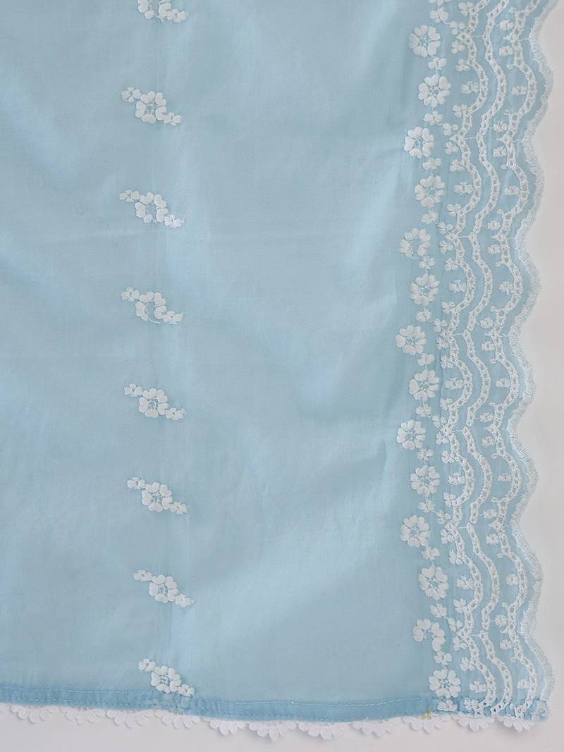 Floral Embroidered Pure Cotton Straight Kurta With Trousers & Dupatta