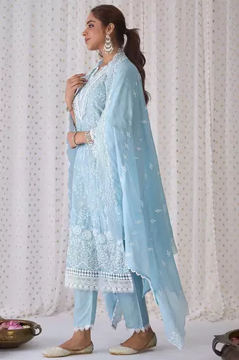 Floral Embroidered Pure Cotton Straight Kurta With Trousers & Dupatta