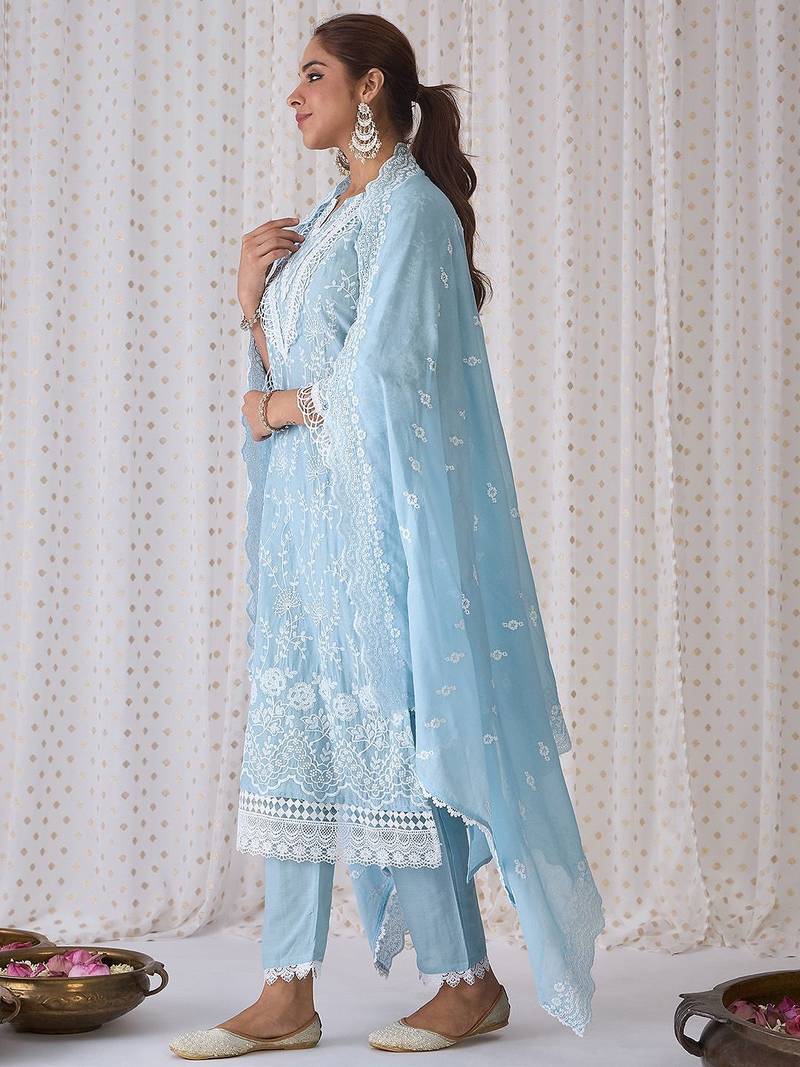 Floral Embroidered Pure Cotton Straight Kurta With Trousers & Dupatta