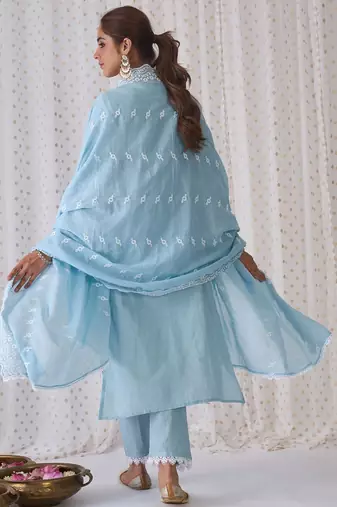 Floral Embroidered Pure Cotton Straight Kurta With Trousers & Dupatta