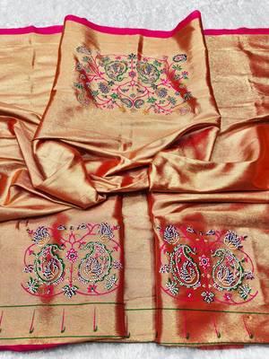 pink zari woven paithani silk blend traditional saree with swarovski blouse piece 3