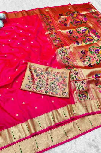 pink zari woven paithani silk blend traditional saree with swarovski blouse piece