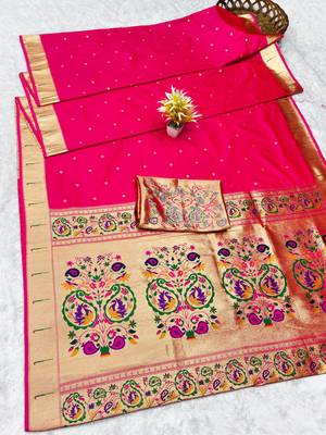 pink zari woven paithani silk blend traditional saree with swarovski blouse piece 5