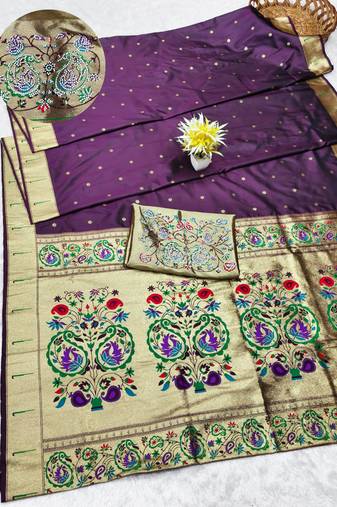 wine zari woven paithani silk blend traditional saree with swarovski blouse piece